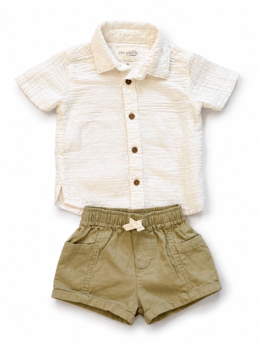 NWOT Little Planet Organic Cotton Linen Khaki 2 Piece Shirt Shorts Set 6M